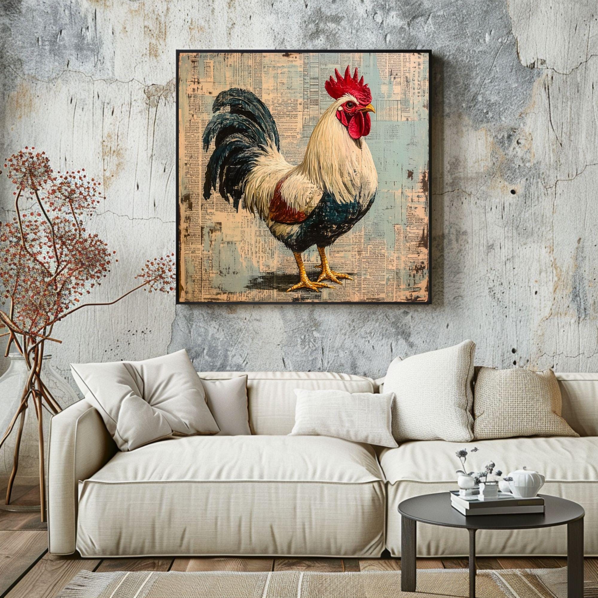 Vintage Country Rooster Wall Art, Rustic Farmhouse Chicken Decor, Chicken Canvas Art, Framed Canvas Barnyard Animal Painting