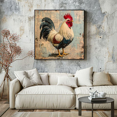 Vintage Country Rooster Wall Art, Rustic Farmhouse Chicken Decor, Chicken Canvas Art, Framed Canvas Barnyard Animal Painting