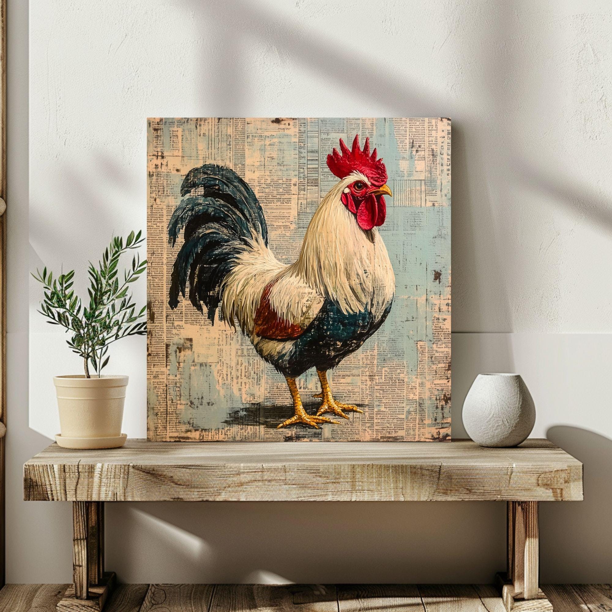 Vintage Country Rooster Wall Art, Rustic Farmhouse Chicken Decor, Chicken Canvas Art, Framed Canvas Barnyard Animal Painting