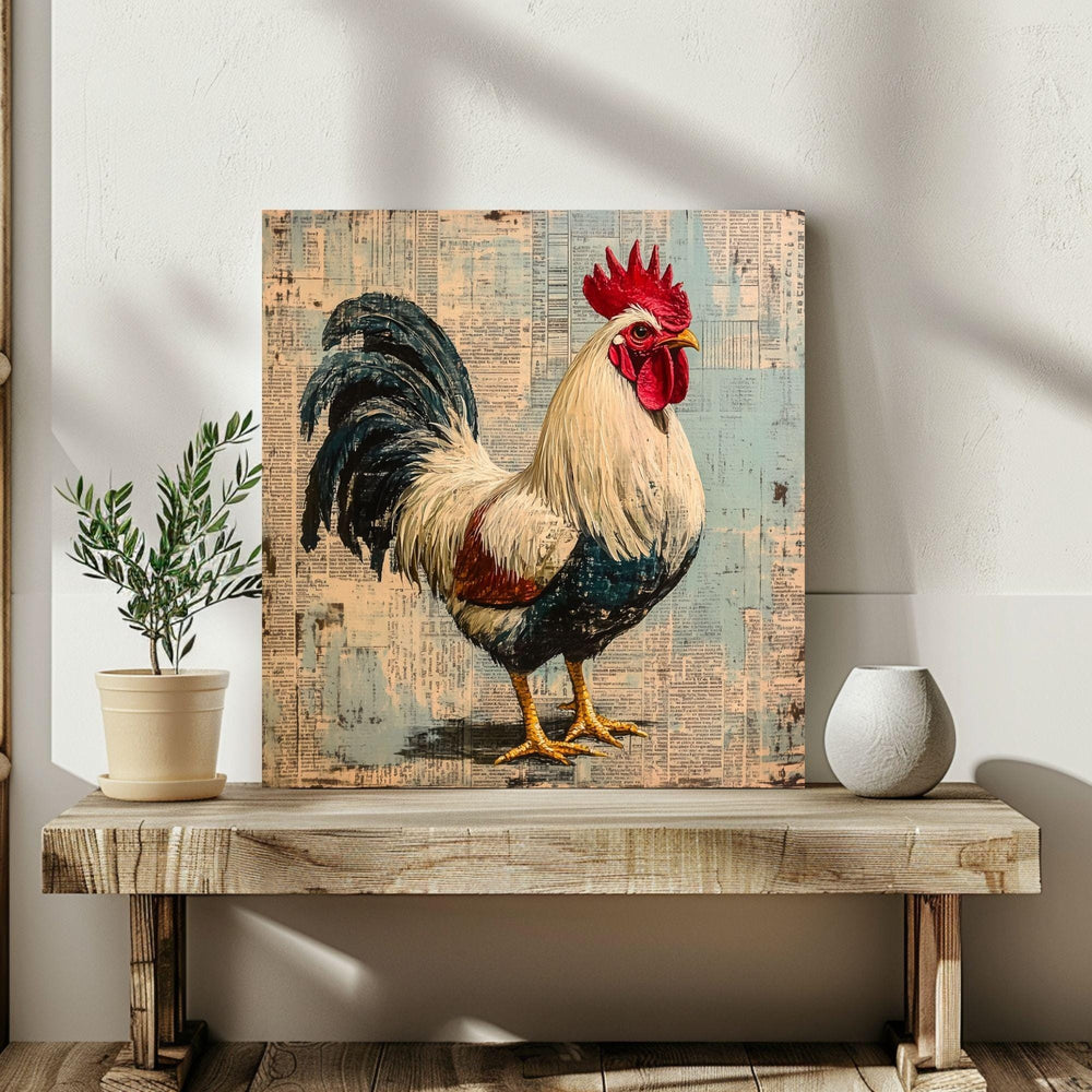 Vintage Country Rooster Wall Art, Rustic Farmhouse Chicken Decor, Chicken Canvas Art, Framed Canvas Barnyard Animal Painting