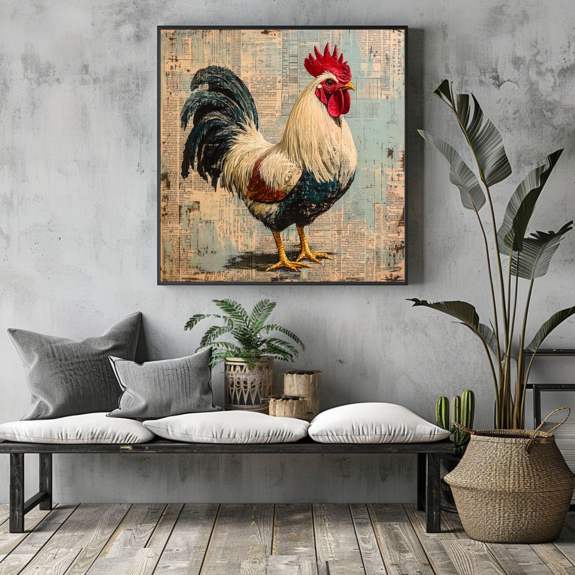Vintage Country Rooster Wall Art, Rustic Farmhouse Chicken Decor, Chicken Canvas Art, Framed Canvas Barnyard Animal Painting