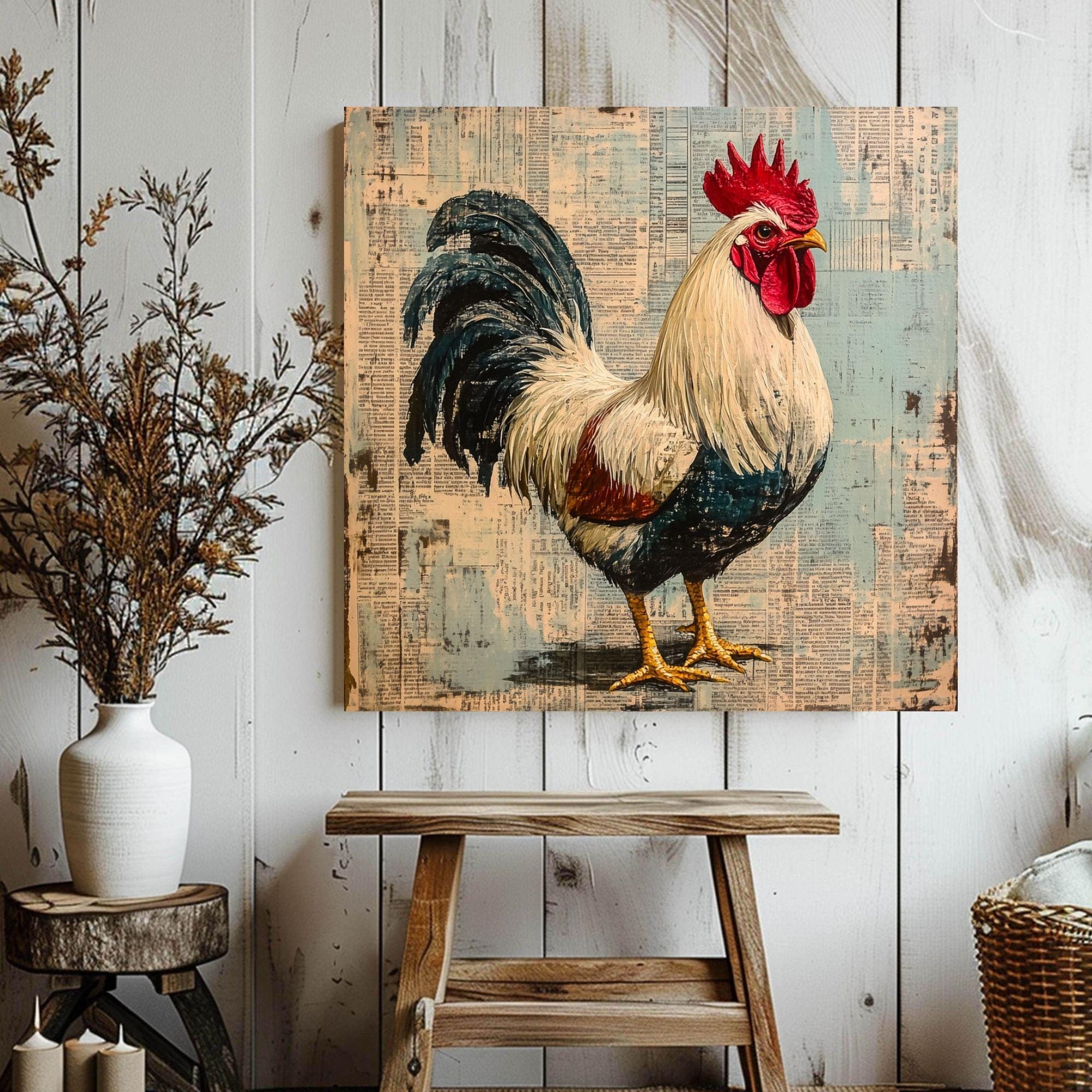 Vintage Country Rooster Wall Art, Rustic Farmhouse Chicken Decor, Chicken Canvas Art, Framed Canvas Barnyard Animal Painting