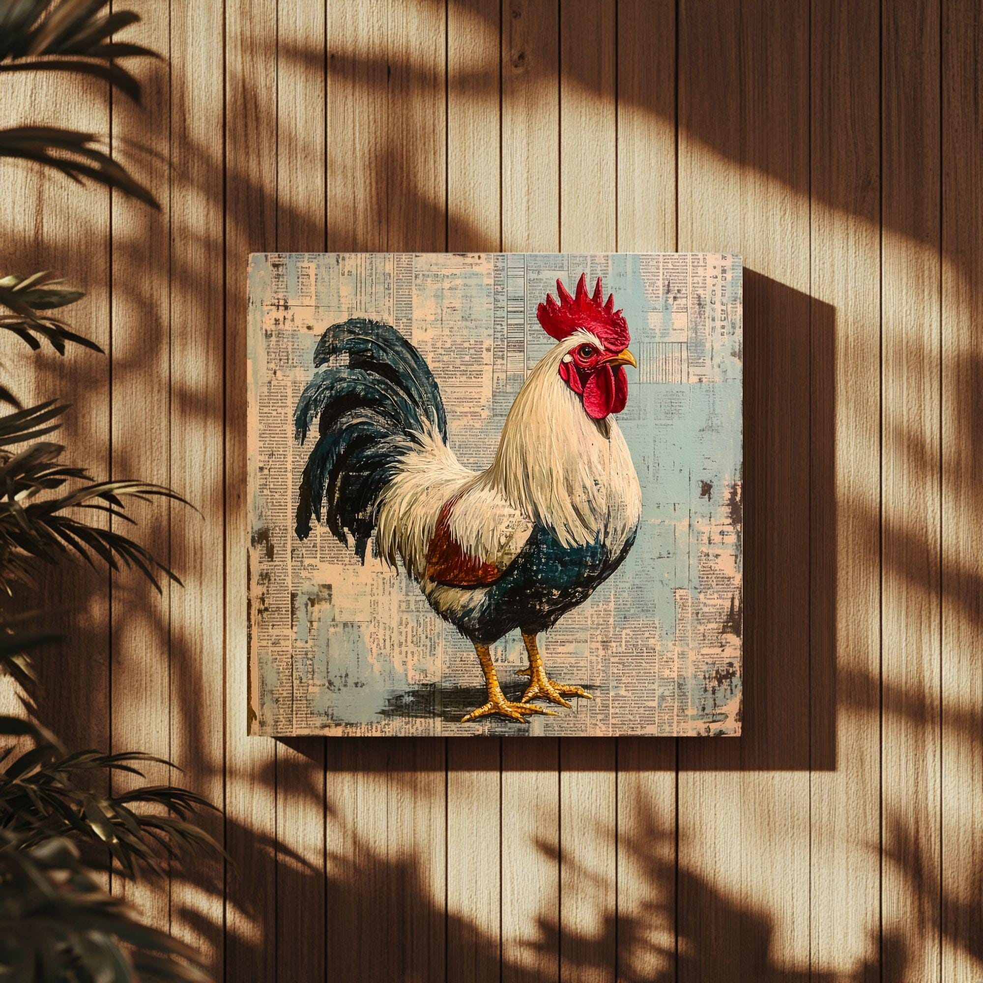 Vintage Country Rooster Wall Art, Rustic Farmhouse Chicken Decor, Chicken Canvas Art, Framed Canvas Barnyard Animal Painting