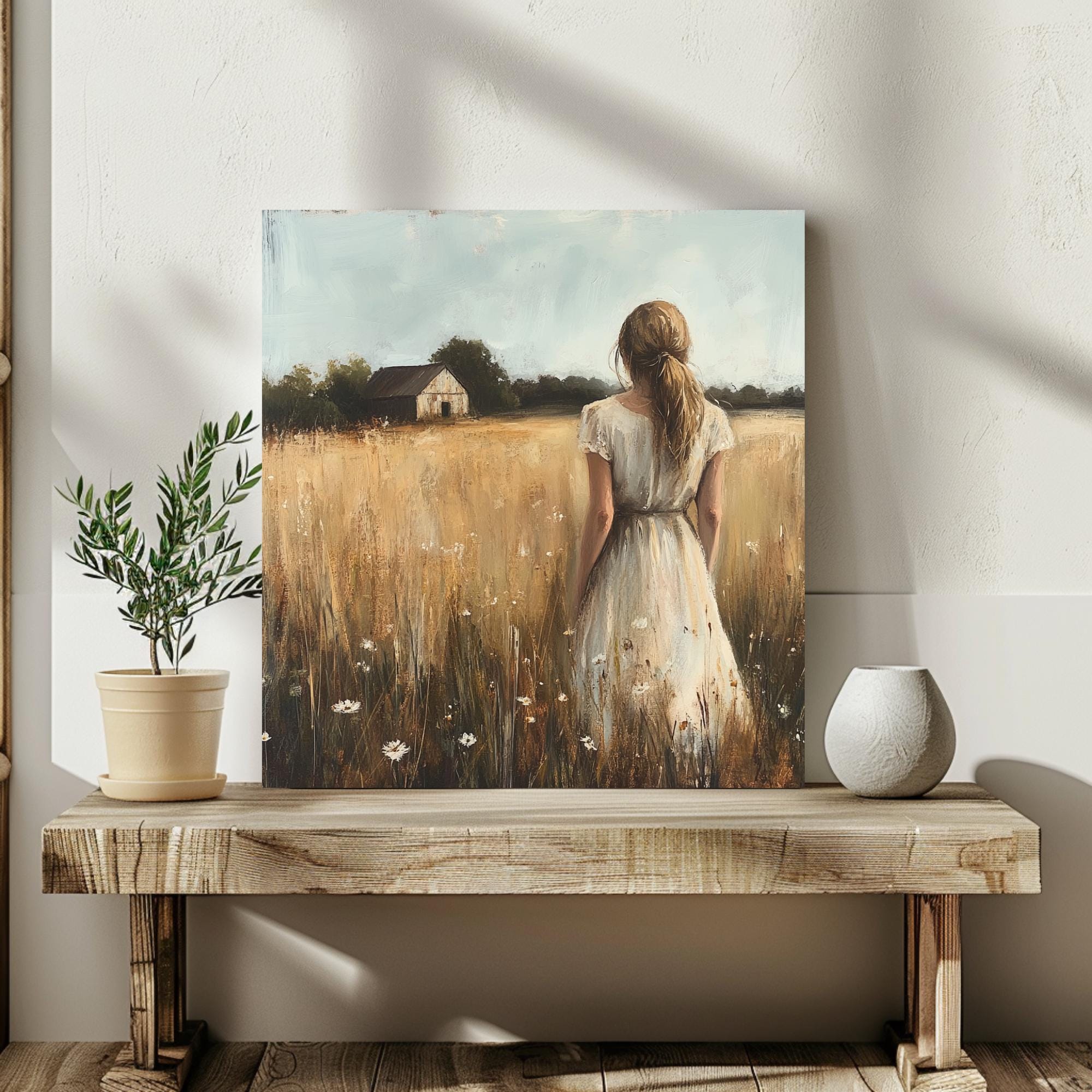 Serene Country Girl Canvas Art, Rustic Farmhouse Decor, Vintage Meadow Scene with Wildflowers, Ready to Hang Wall Decor