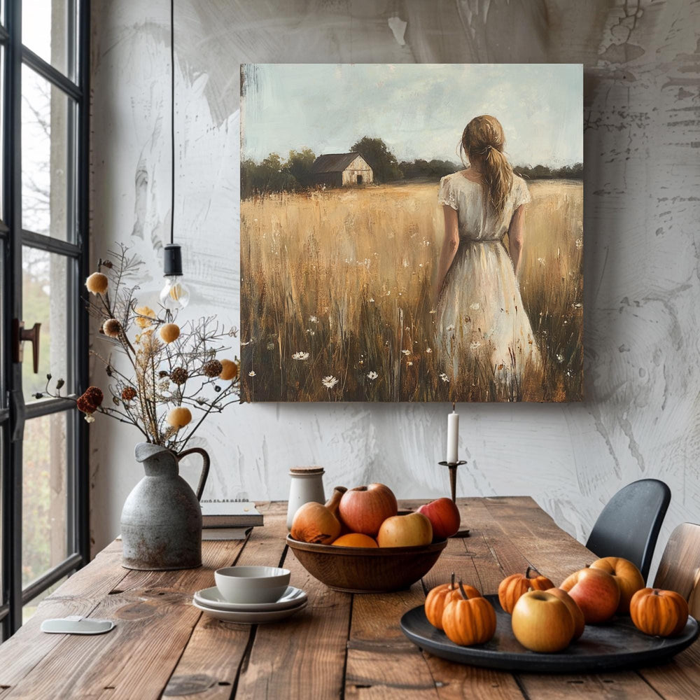Serene Country Girl Canvas Art, Rustic Farmhouse Decor, Vintage Meadow Scene with Wildflowers, Ready to Hang Wall Decor