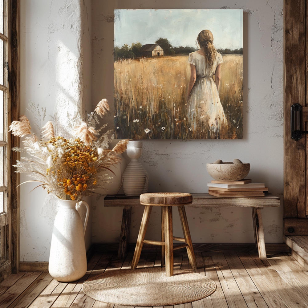 Serene Country Girl Canvas Art, Rustic Farmhouse Decor, Vintage Meadow Scene with Wildflowers, Ready to Hang Wall Decor