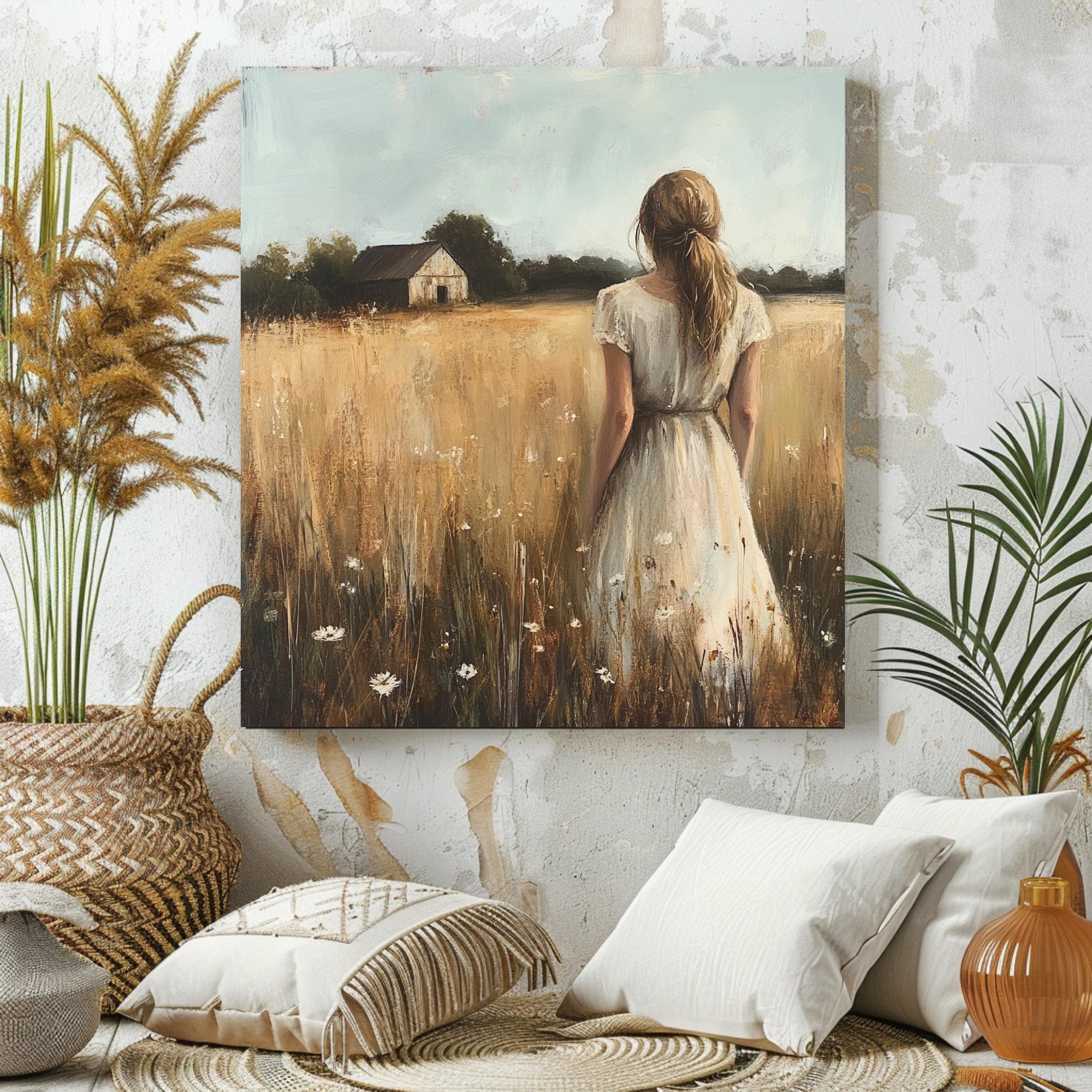 Serene Country Girl Canvas Art, Rustic Farmhouse Decor, Vintage Meadow Scene with Wildflowers, Ready to Hang Wall Decor