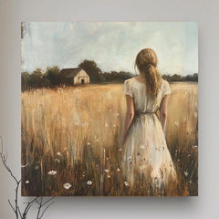 Serene Country Girl Canvas Art, Rustic Farmhouse Decor, Vintage Meadow Scene with Wildflowers, Ready to Hang Wall Decor