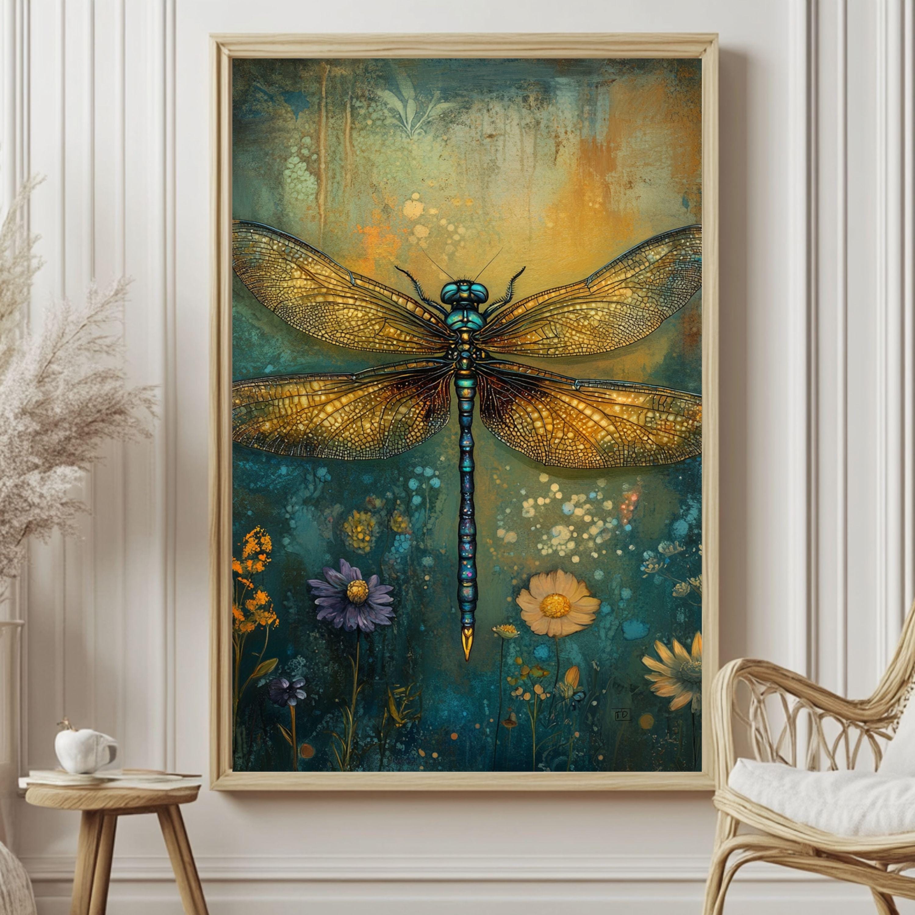 Enchanting Dragonfly Wooden Framed Art, Nature Inspired Dragonfly Print, Boho Insect Wall Decor, Whimsical Dragonfly Artwork