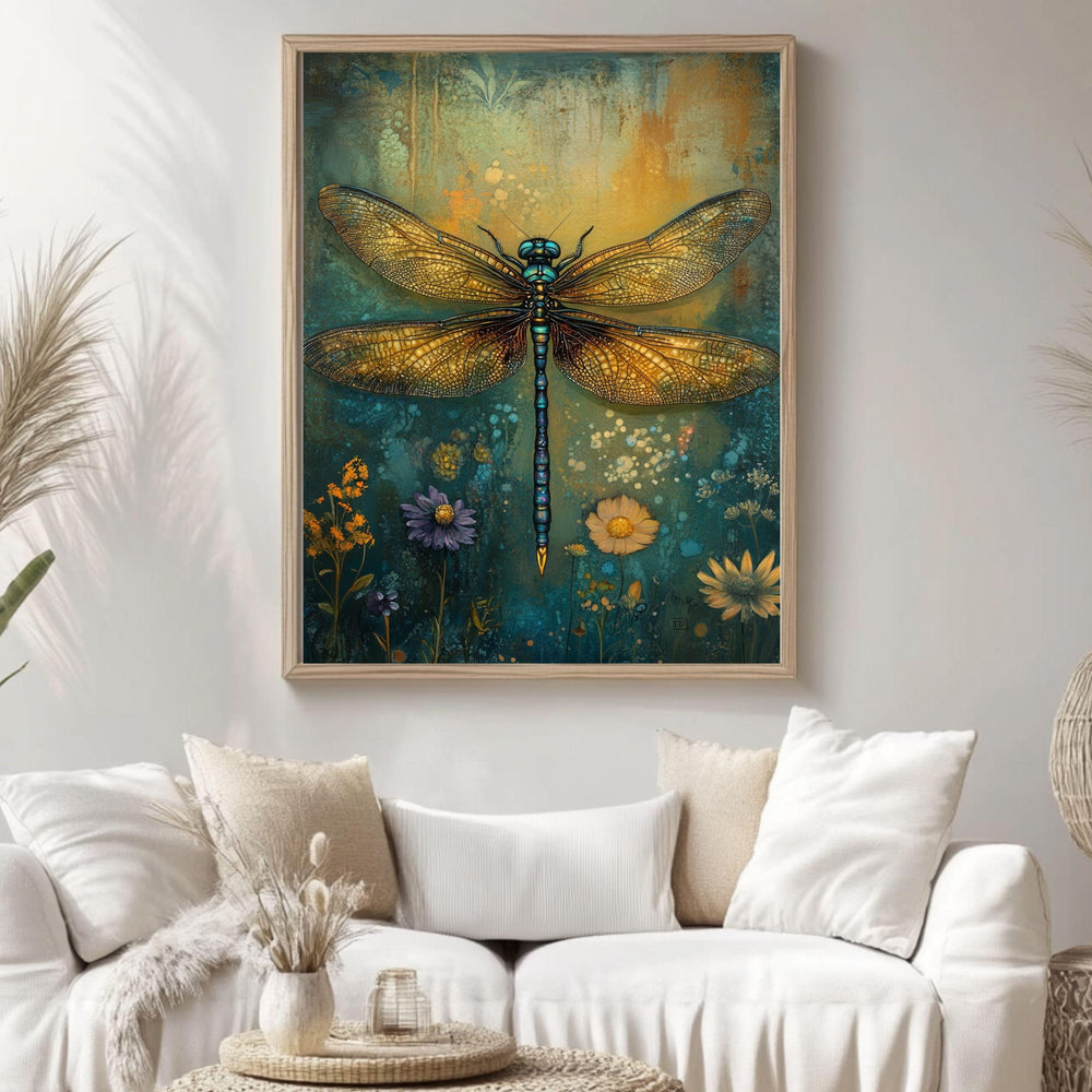 Enchanting Dragonfly Wooden Framed Art, Nature Inspired Dragonfly Print, Boho Insect Wall Decor, Whimsical Dragonfly Artwork