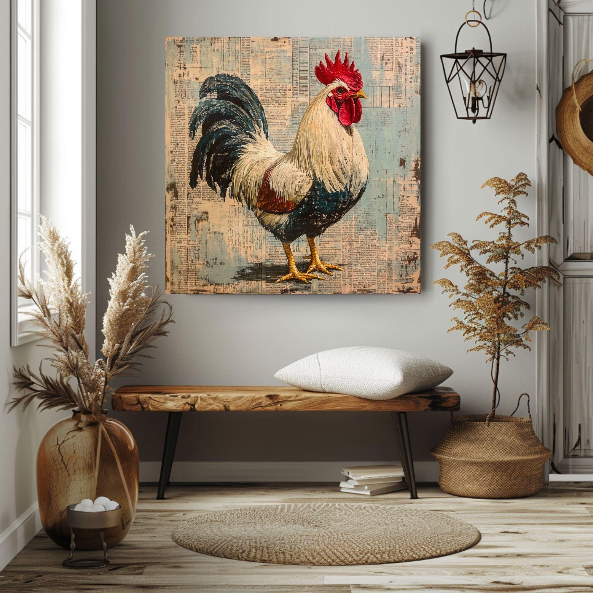 Vintage Country Rooster Wall Art, Rustic Farmhouse Chicken Decor, Chicken Canvas Art, Framed Canvas Barnyard Animal Painting