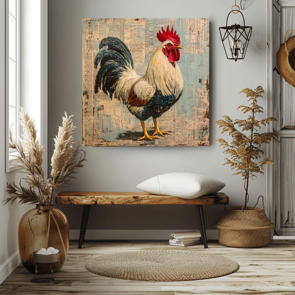 Vintage Country Rooster Wall Art, Rustic Farmhouse Chicken Decor, Chicken Canvas Art, Framed Canvas Barnyard Animal Painting