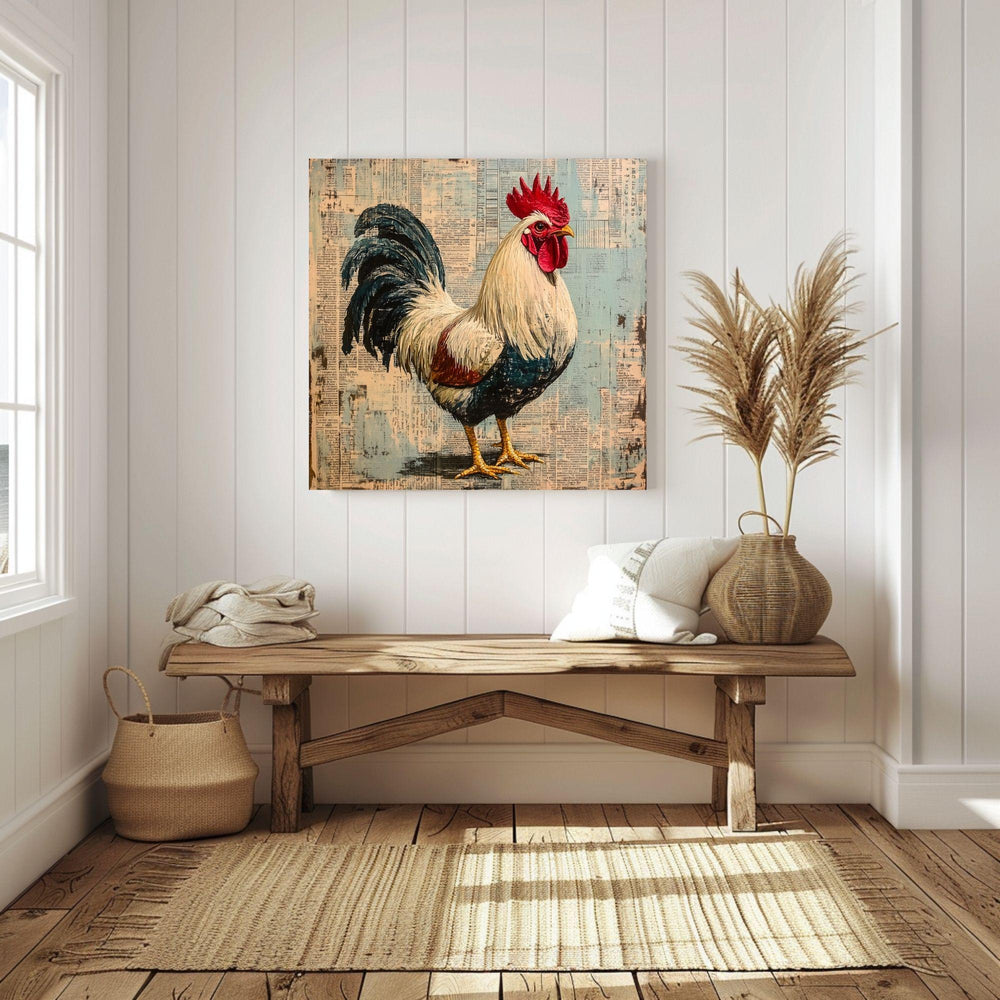 Vintage Country Rooster Wall Art, Rustic Farmhouse Chicken Decor, Chicken Canvas Art, Framed Canvas Barnyard Animal Painting