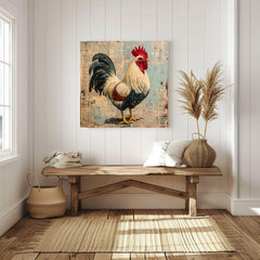 Vintage Country Rooster Wall Art, Rustic Farmhouse Chicken Decor, Chicken Canvas Art, Framed Canvas Barnyard Animal Painting