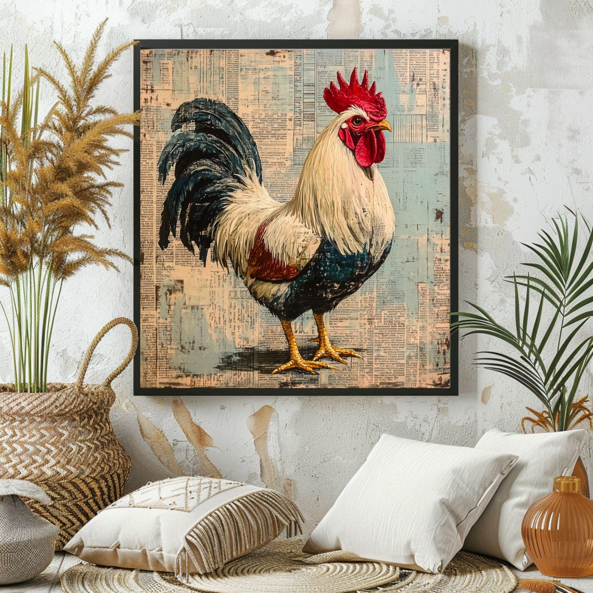Vintage Country Rooster Wall Art, Rustic Farmhouse Chicken Decor, Chicken Canvas Art, Framed Canvas Barnyard Animal Painting