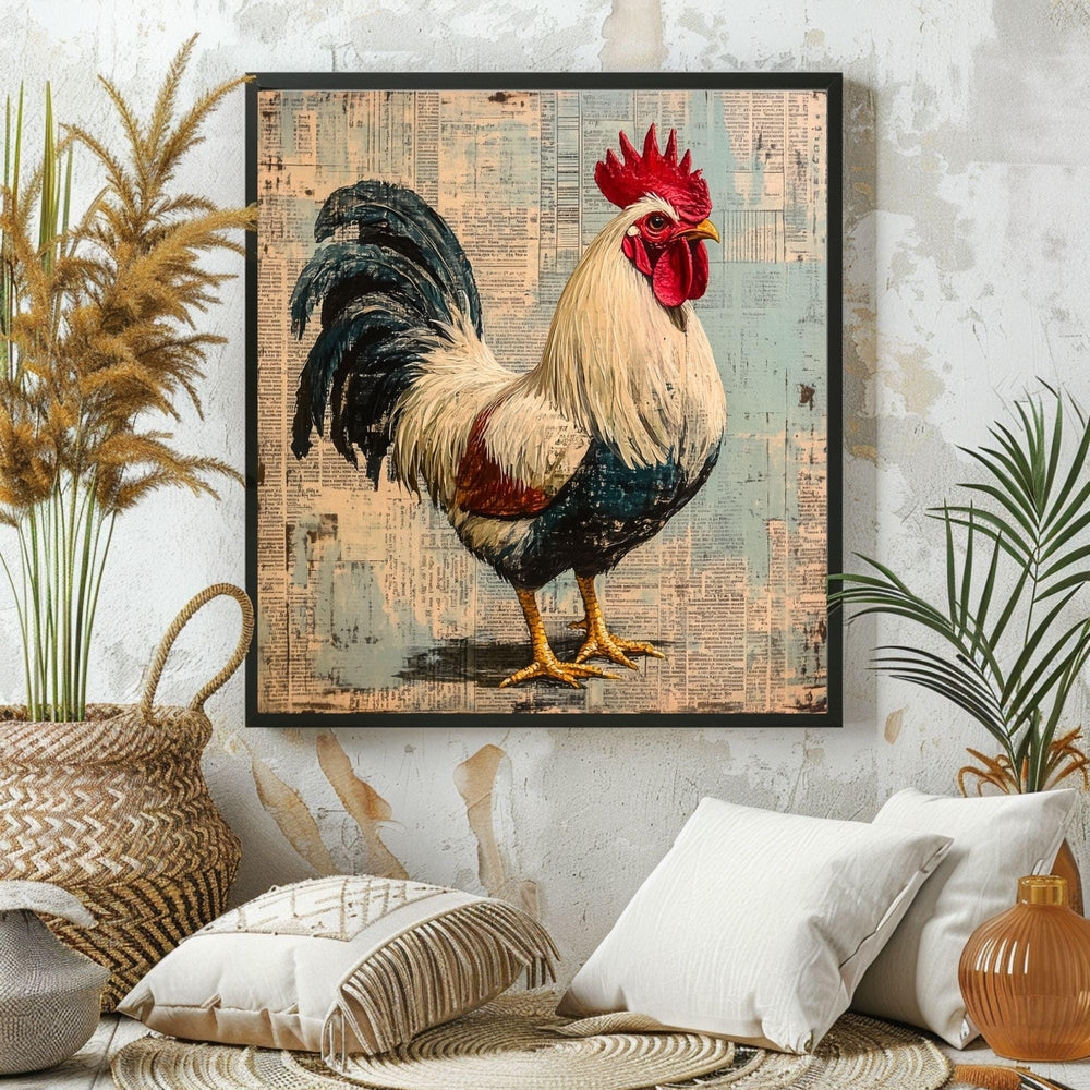 Vintage Country Rooster Wall Art, Rustic Farmhouse Chicken Decor, Chicken Canvas Art, Framed Canvas Barnyard Animal Painting