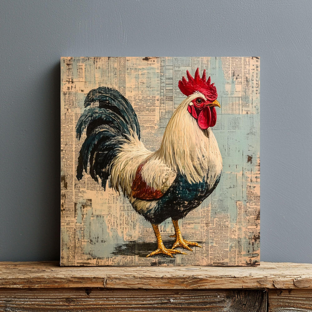 Vintage Country Rooster Wall Art, Rustic Farmhouse Chicken Decor, Chicken Canvas Art, Framed Canvas Barnyard Animal Painting
