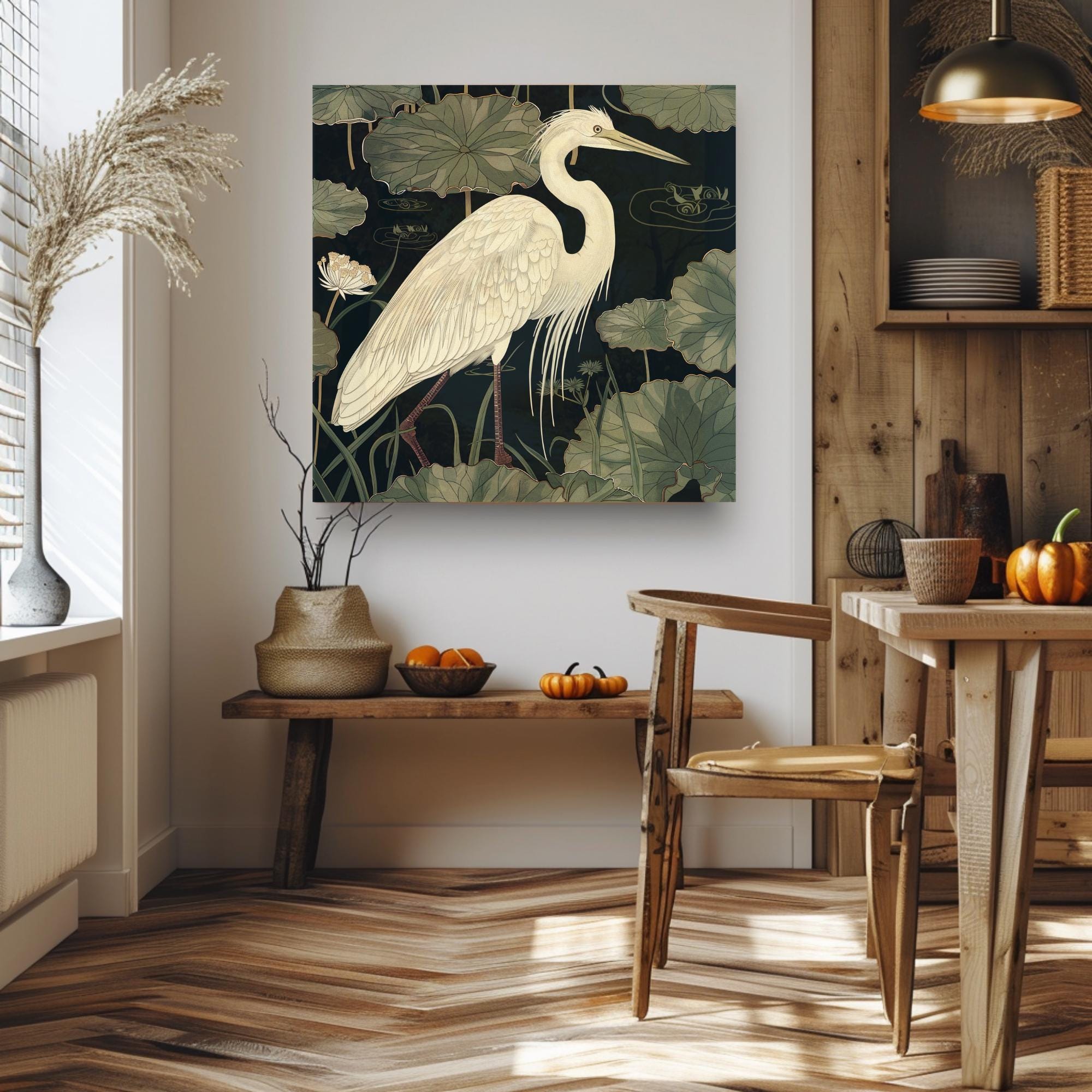 Vintage Egret Wall Art, William Morris Inspired Framed Canvas, Floral Wall Accent, Nature Home Decor, Egret Framed Art, Botanical Decor