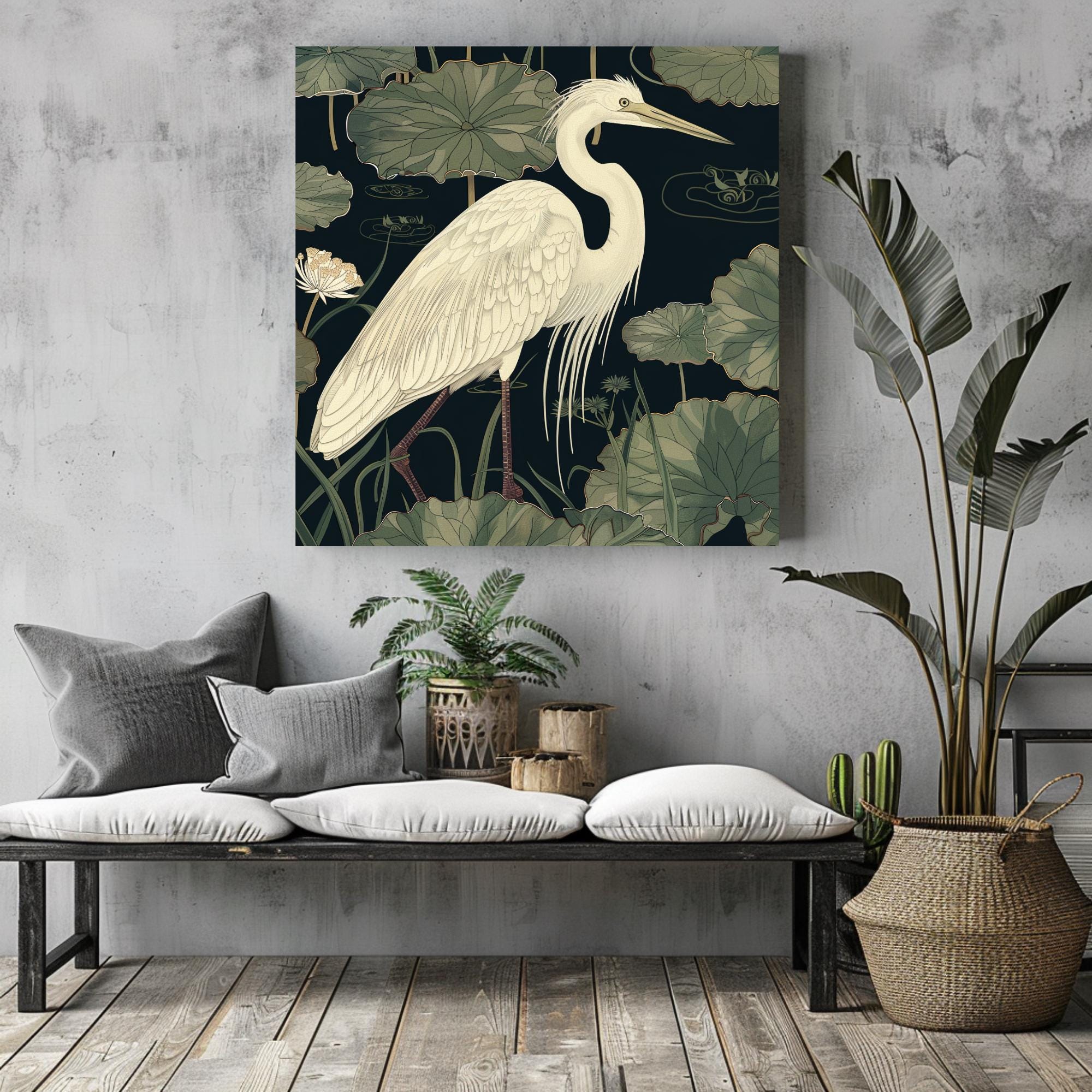 Vintage Egret Wall Art, William Morris Inspired Framed Canvas, Floral Wall Accent, Nature Home Decor, Egret Framed Art, Botanical Decor
