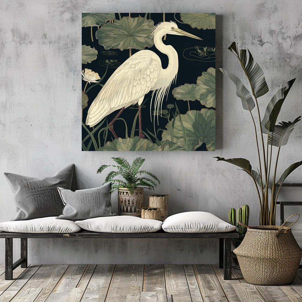 Vintage Egret Wall Art, William Morris Inspired Framed Canvas, Floral Wall Accent, Nature Home Decor, Egret Framed Art, Botanical Decor