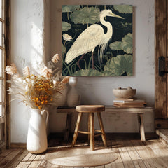 Vintage Egret Wall Art, William Morris Inspired Framed Canvas, Floral Wall Accent, Nature Home Decor, Egret Framed Art, Botanical Decor