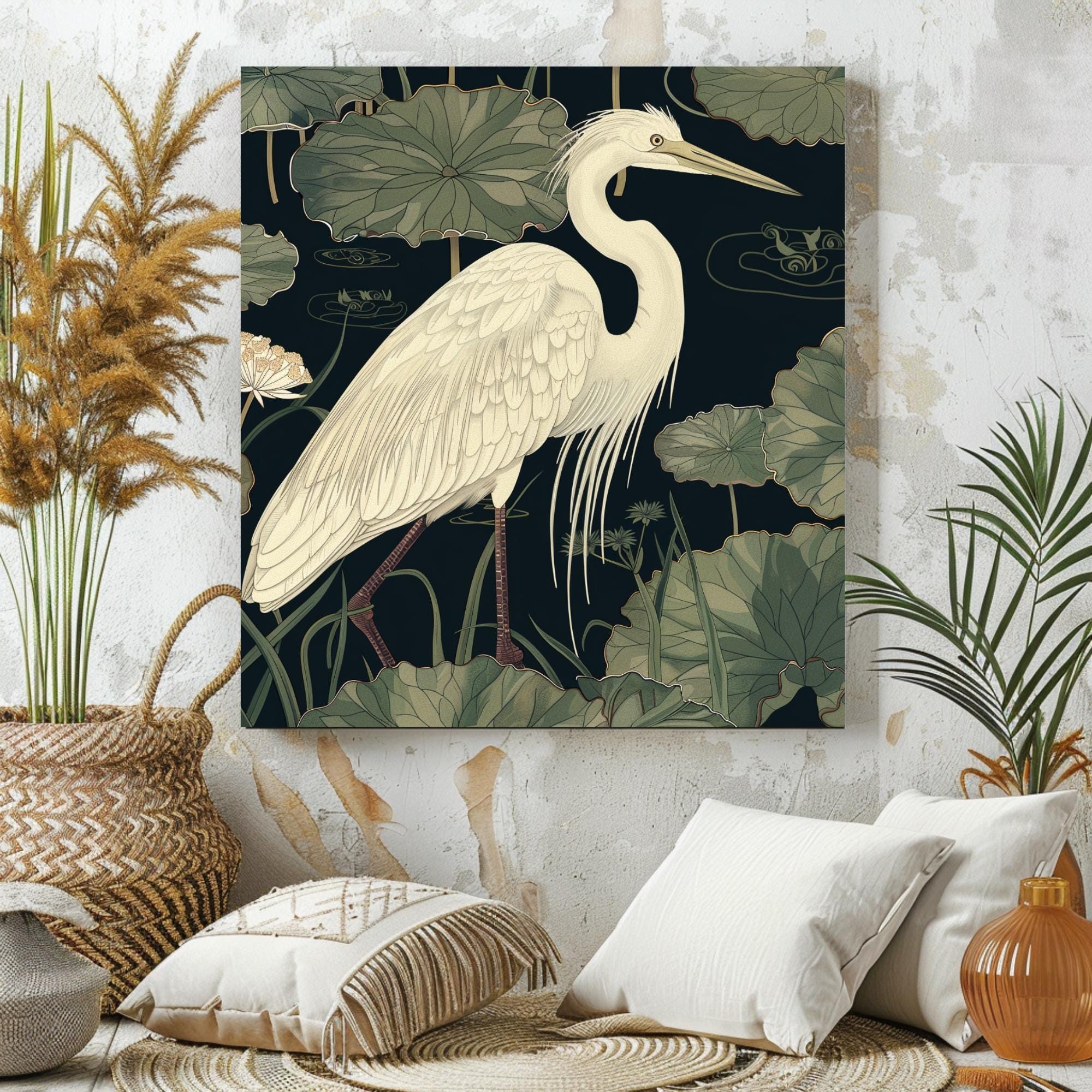 Vintage Egret Wall Art, William Morris Inspired Framed Canvas, Floral Wall Accent, Nature Home Decor, Egret Framed Art, Botanical Decor
