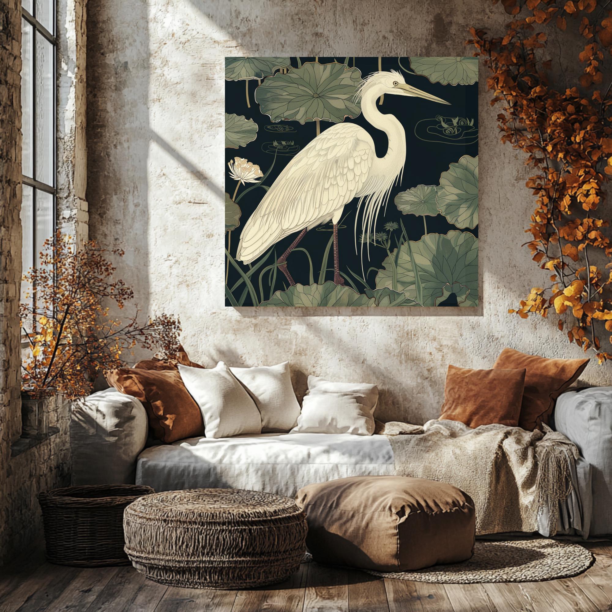 Vintage Egret Wall Art, William Morris Inspired Framed Canvas, Floral Wall Accent, Nature Home Decor, Egret Framed Art, Botanical Decor