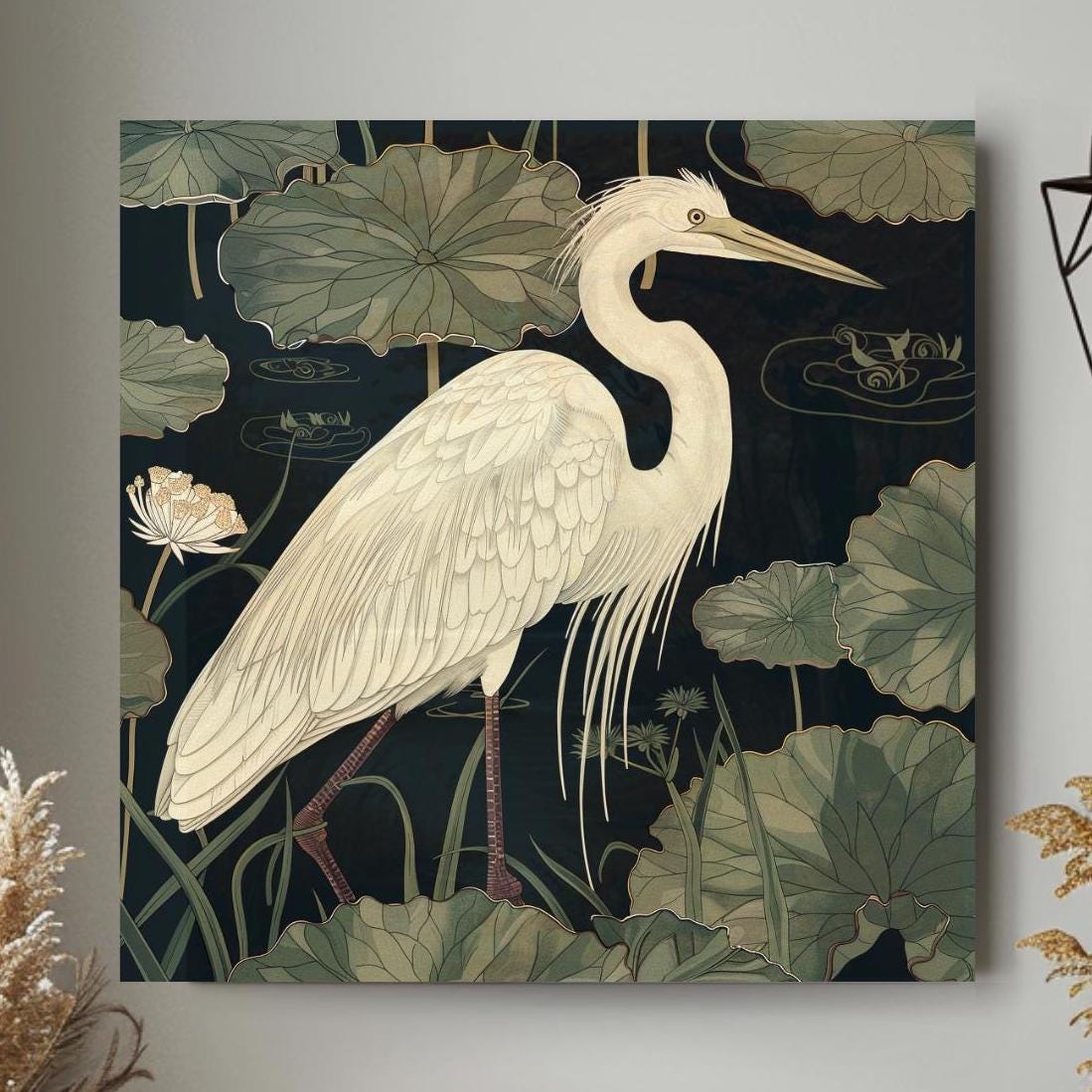 Vintage Egret Wall Art, William Morris Inspired Framed Canvas, Floral Wall Accent, Nature Home Decor, Egret Framed Art, Botanical Decor