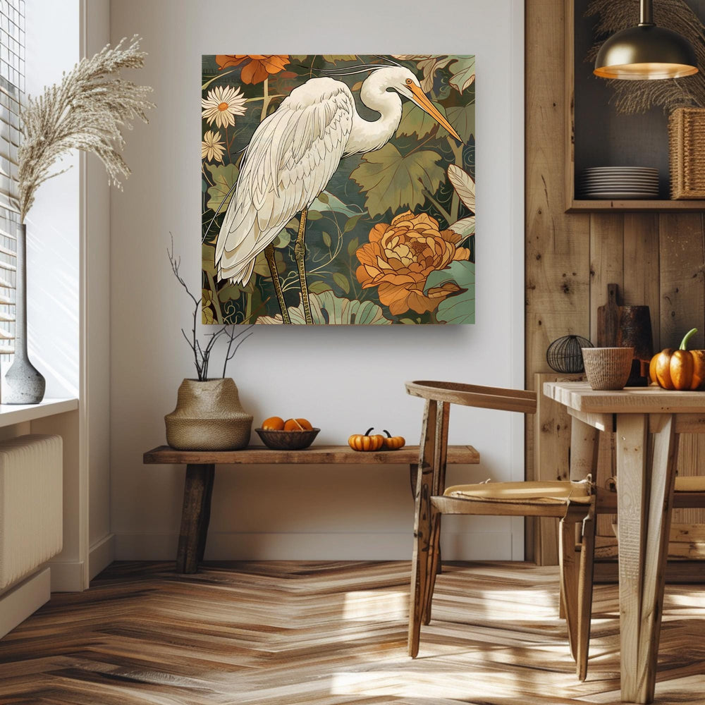 White Egret Canvas William Morris Inspired Wall Art, Botanical Bird Print, Vintage Wall Decor, Botanical Home Accent, Nature Framed Art