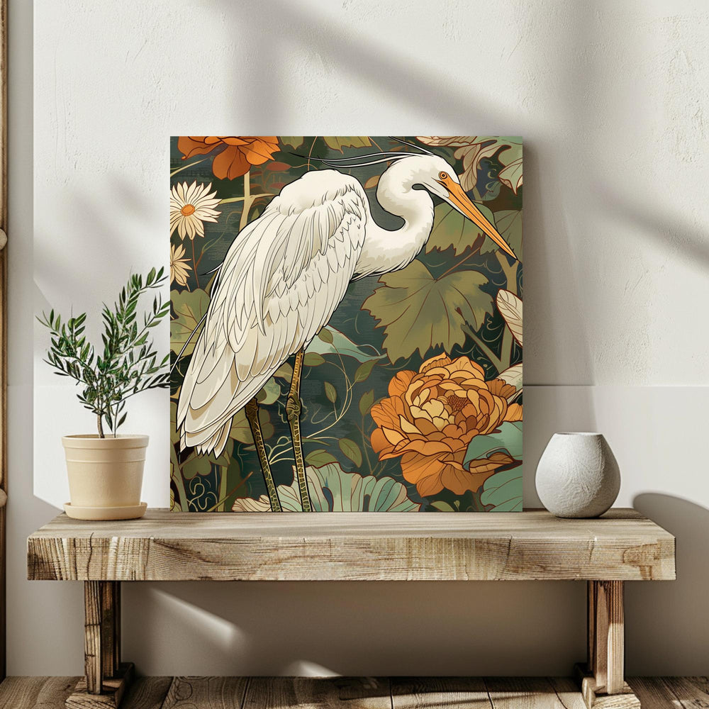 White Egret Canvas William Morris Inspired Wall Art, Botanical Bird Print, Vintage Wall Decor, Botanical Home Accent, Nature Framed Art