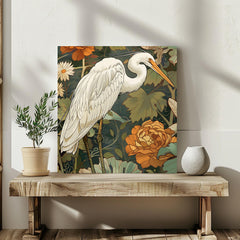White Egret Canvas William Morris Inspired Wall Art, Botanical Bird Print, Vintage Wall Decor, Botanical Home Accent, Nature Framed Art