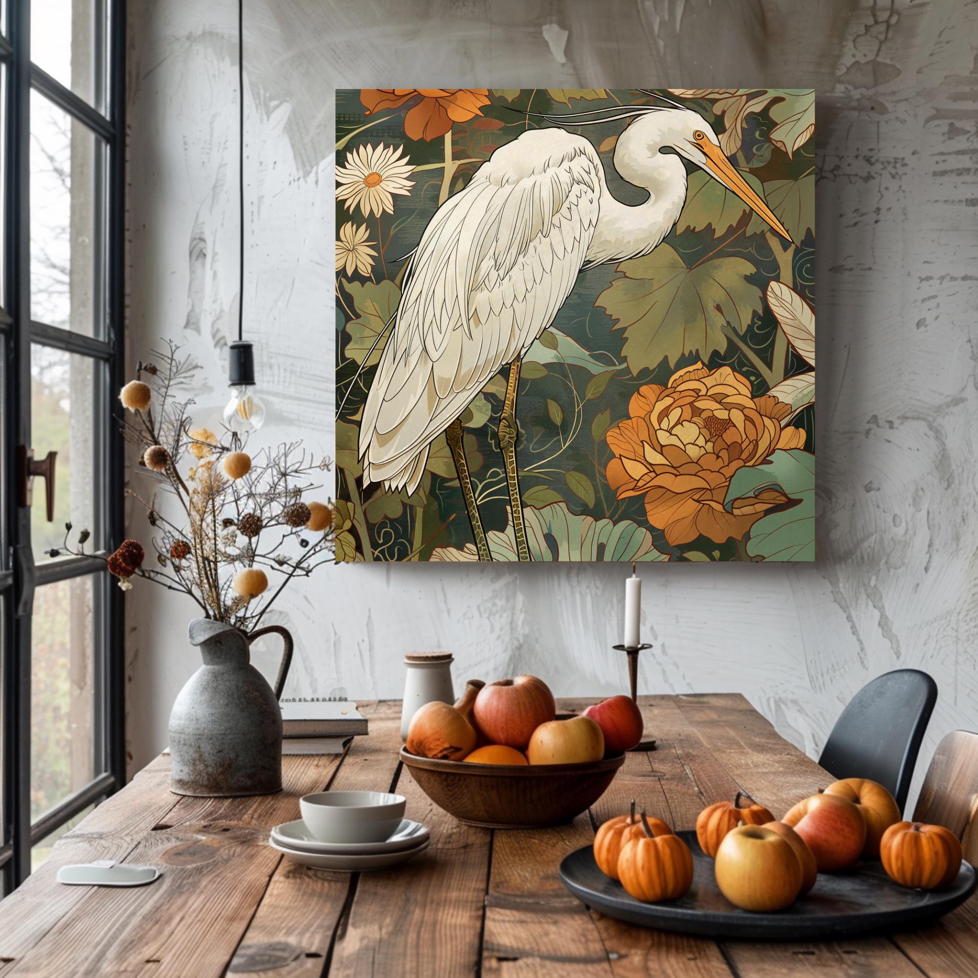 White Egret Canvas William Morris Inspired Wall Art, Botanical Bird Print, Vintage Wall Decor, Botanical Home Accent, Nature Framed Art