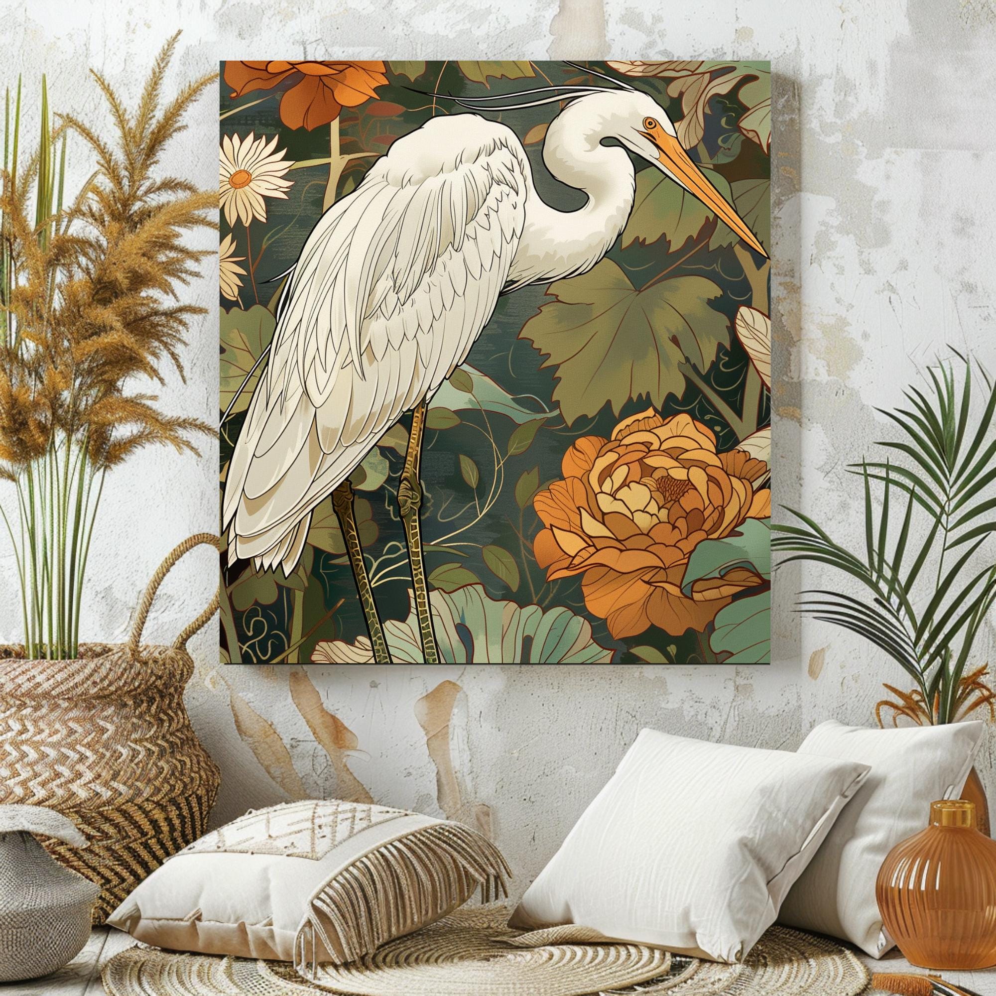 White Egret Canvas William Morris Inspired Wall Art, Botanical Bird Print, Vintage Wall Decor, Botanical Home Accent, Nature Framed Art
