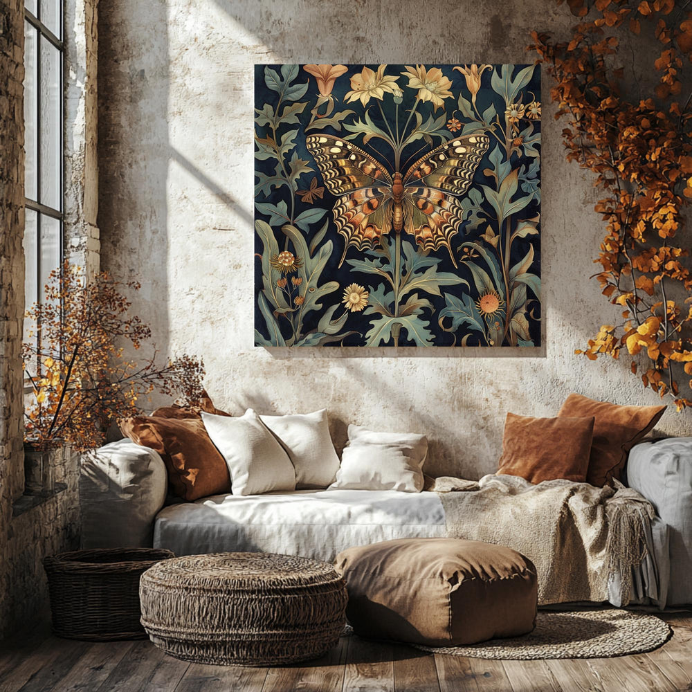 Botanical Butterfly Canvas Art, William Morris Inspired Print, Vintage Nature Home Accent, Vintage Insect Poster, Floral Framed Wall Art