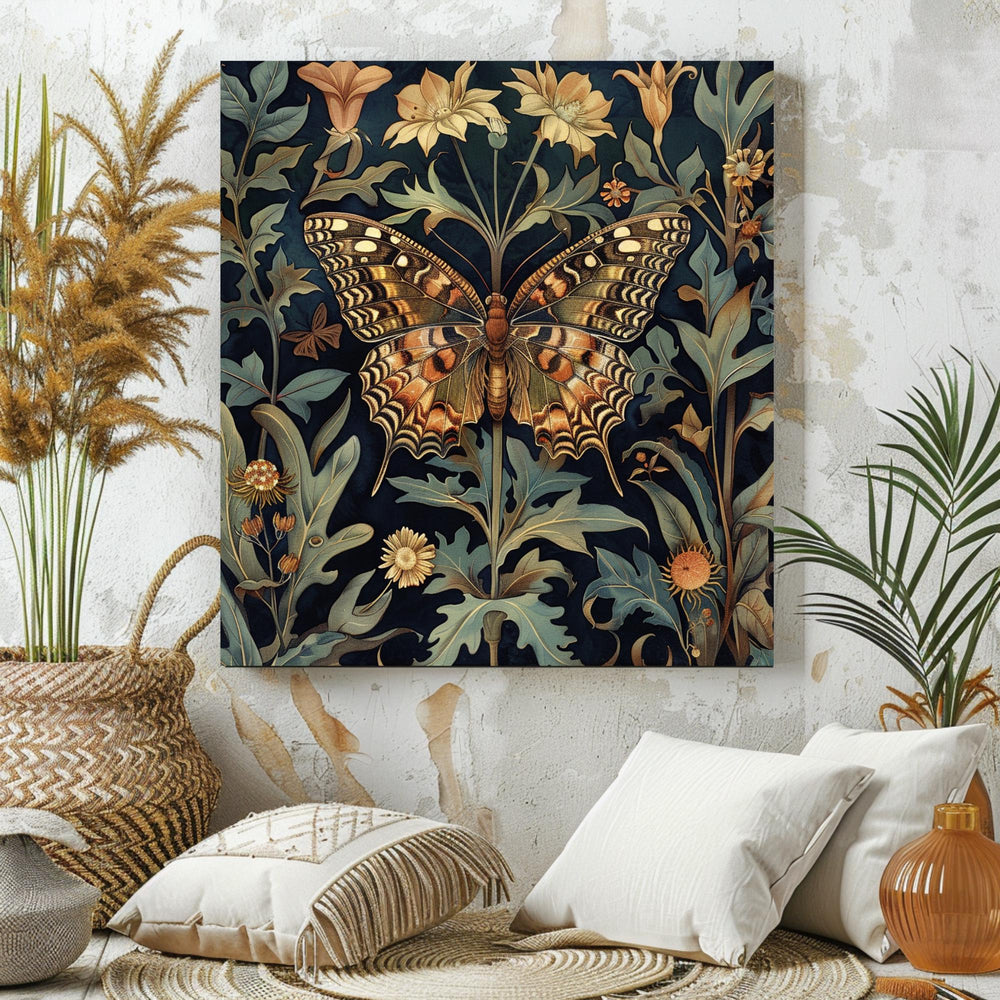 Botanical Butterfly Canvas Art, William Morris Inspired Print, Vintage Nature Home Accent, Vintage Insect Poster, Floral Framed Wall Art