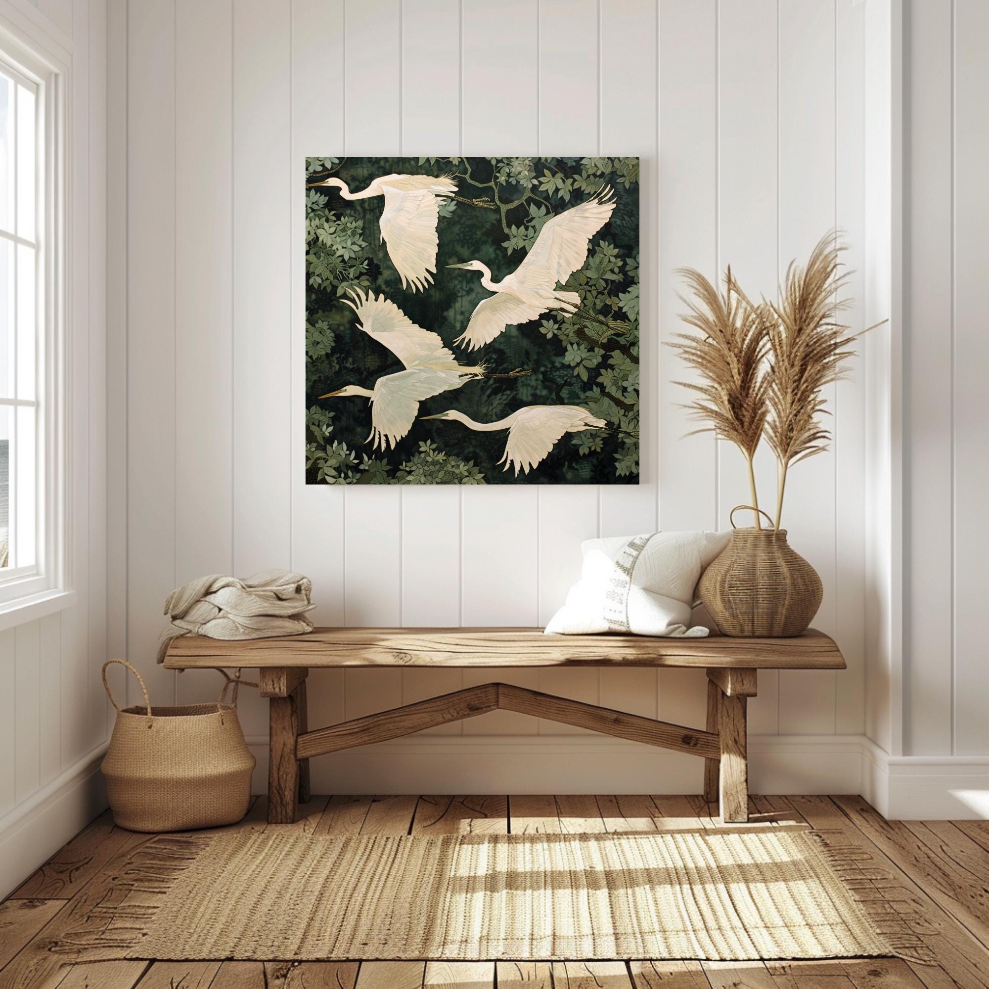 White Egret Canvas Print, William Morris Inspired Nature Art, Botanical Bird Decor, Forest Themed Wall Art, Elegant Home Wall Hanging