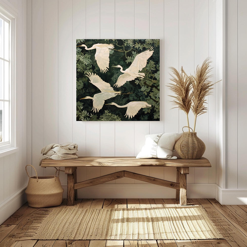 White Egret Canvas Print, William Morris Inspired Nature Art, Botanical Bird Decor, Forest Themed Wall Art, Elegant Home Wall Hanging