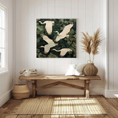 White Egret Canvas Print, William Morris Inspired Nature Art, Botanical Bird Decor, Forest Themed Wall Art, Elegant Home Wall Hanging