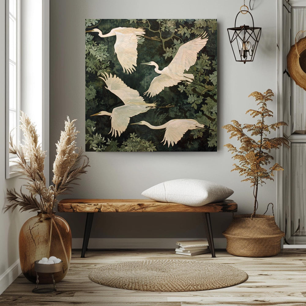 White Egret Canvas Print, William Morris Inspired Nature Art, Botanical Bird Decor, Forest Themed Wall Art, Elegant Home Wall Hanging