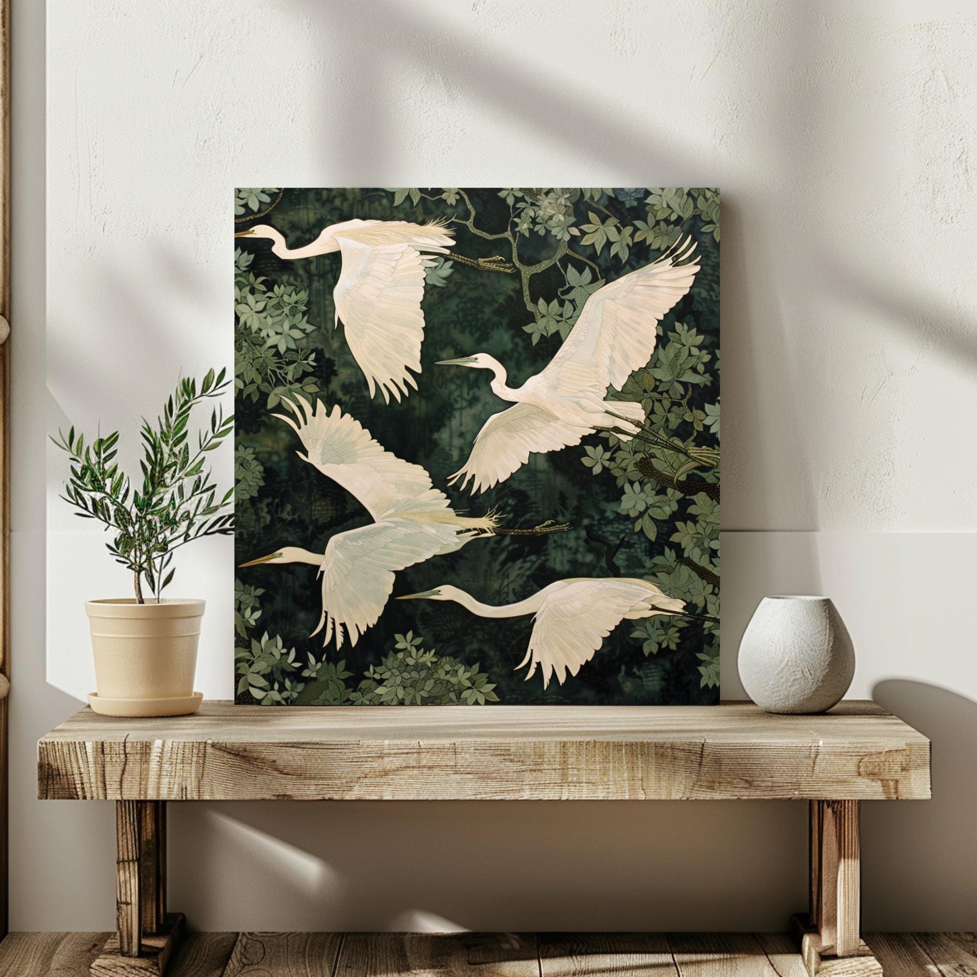 White Egret Canvas Print, William Morris Inspired Nature Art, Botanical Bird Decor, Forest Themed Wall Art, Elegant Home Wall Hanging