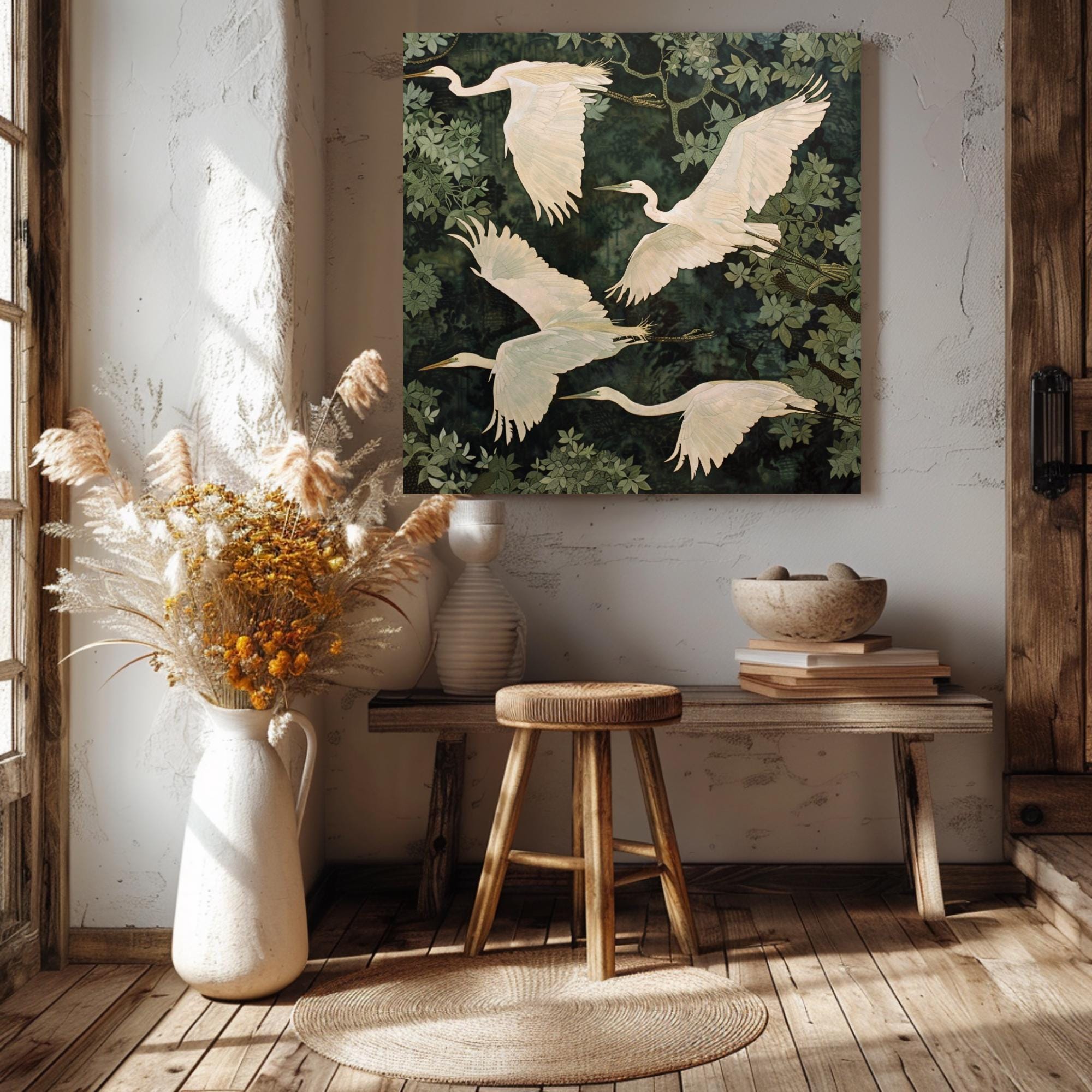 White Egret Canvas Print, William Morris Inspired Nature Art, Botanical Bird Decor, Forest Themed Wall Art, Elegant Home Wall Hanging