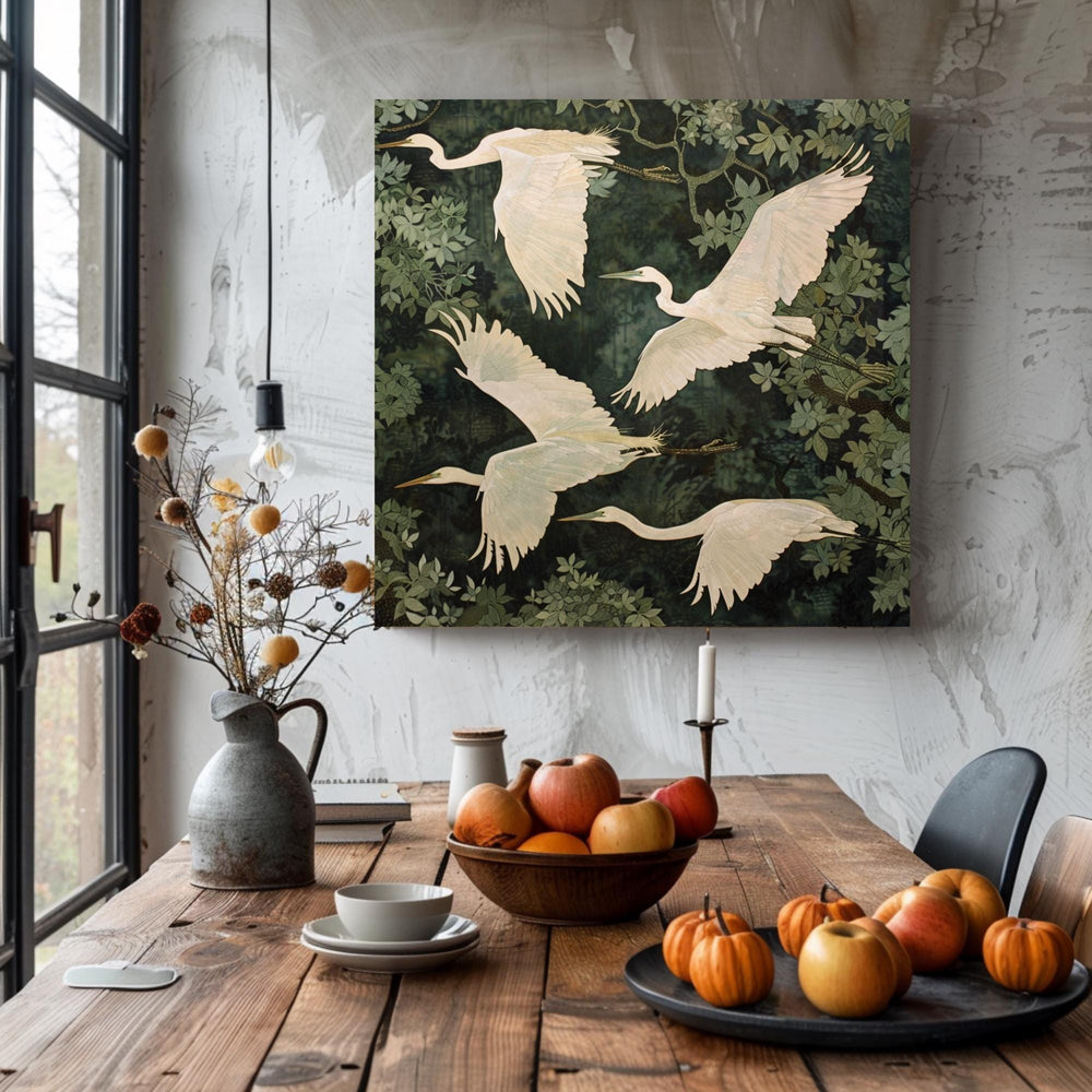 White Egret Canvas Print, William Morris Inspired Nature Art, Botanical Bird Decor, Forest Themed Wall Art, Elegant Home Wall Hanging