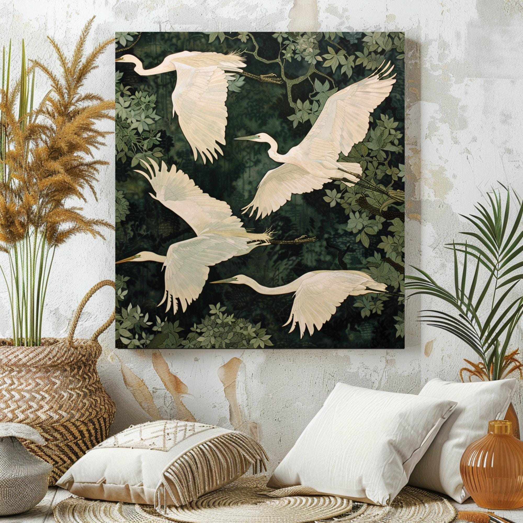 White Egret Canvas Print, William Morris Inspired Nature Art, Botanical Bird Decor, Forest Themed Wall Art, Elegant Home Wall Hanging