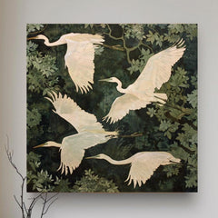 White Egret Canvas Print, William Morris Inspired Nature Art, Botanical Bird Decor, Forest Themed Wall Art, Elegant Home Wall Hanging