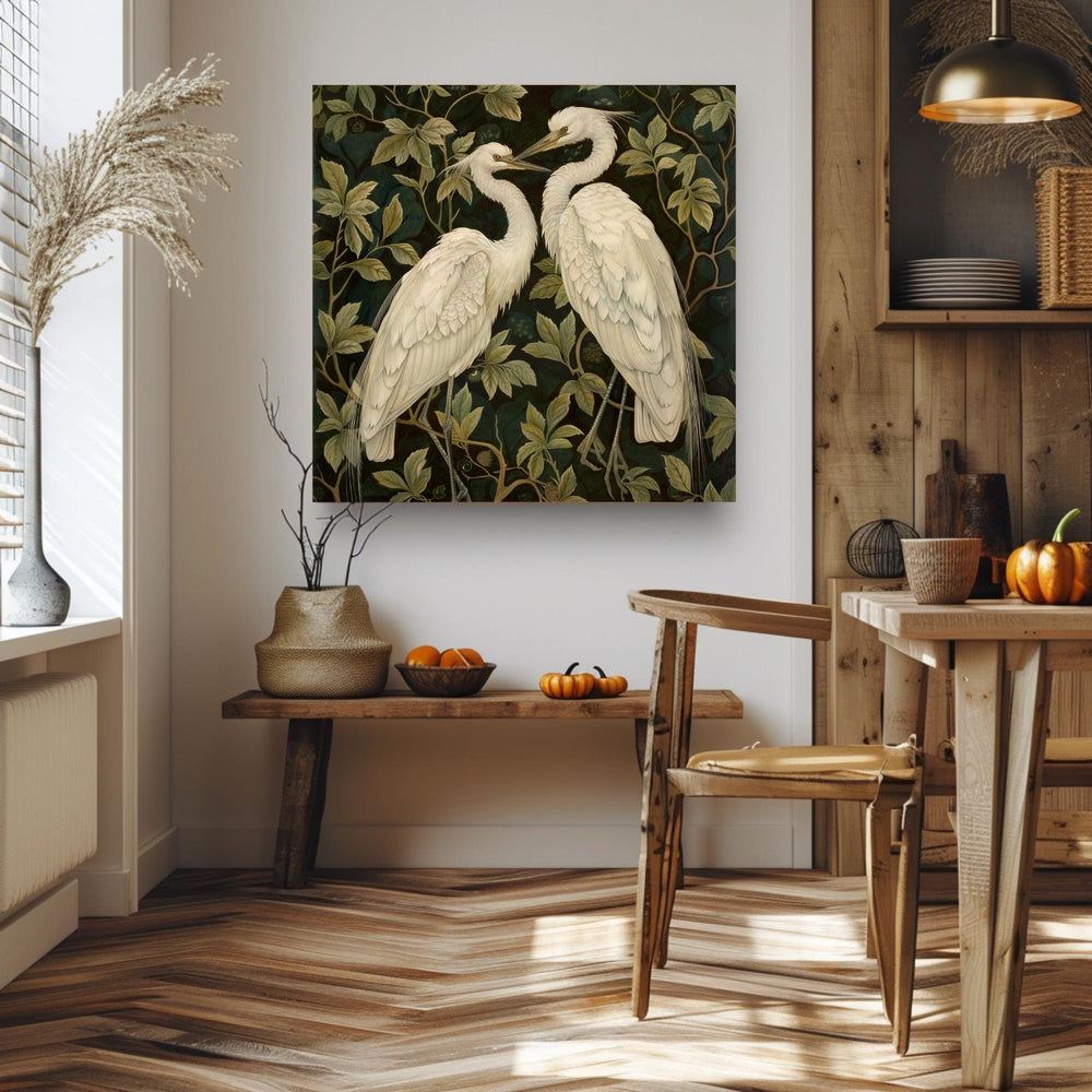 Botanical Egret Canvas Art, William Morris Inspired Wall Decor, Nature Bird Print, Elegant White Bird Artwork, Vintage Nature Wall Art