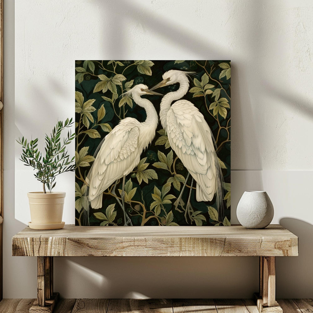 Botanical Egret Canvas Art, William Morris Inspired Wall Decor, Nature Bird Print, Elegant White Bird Artwork, Vintage Nature Wall Art