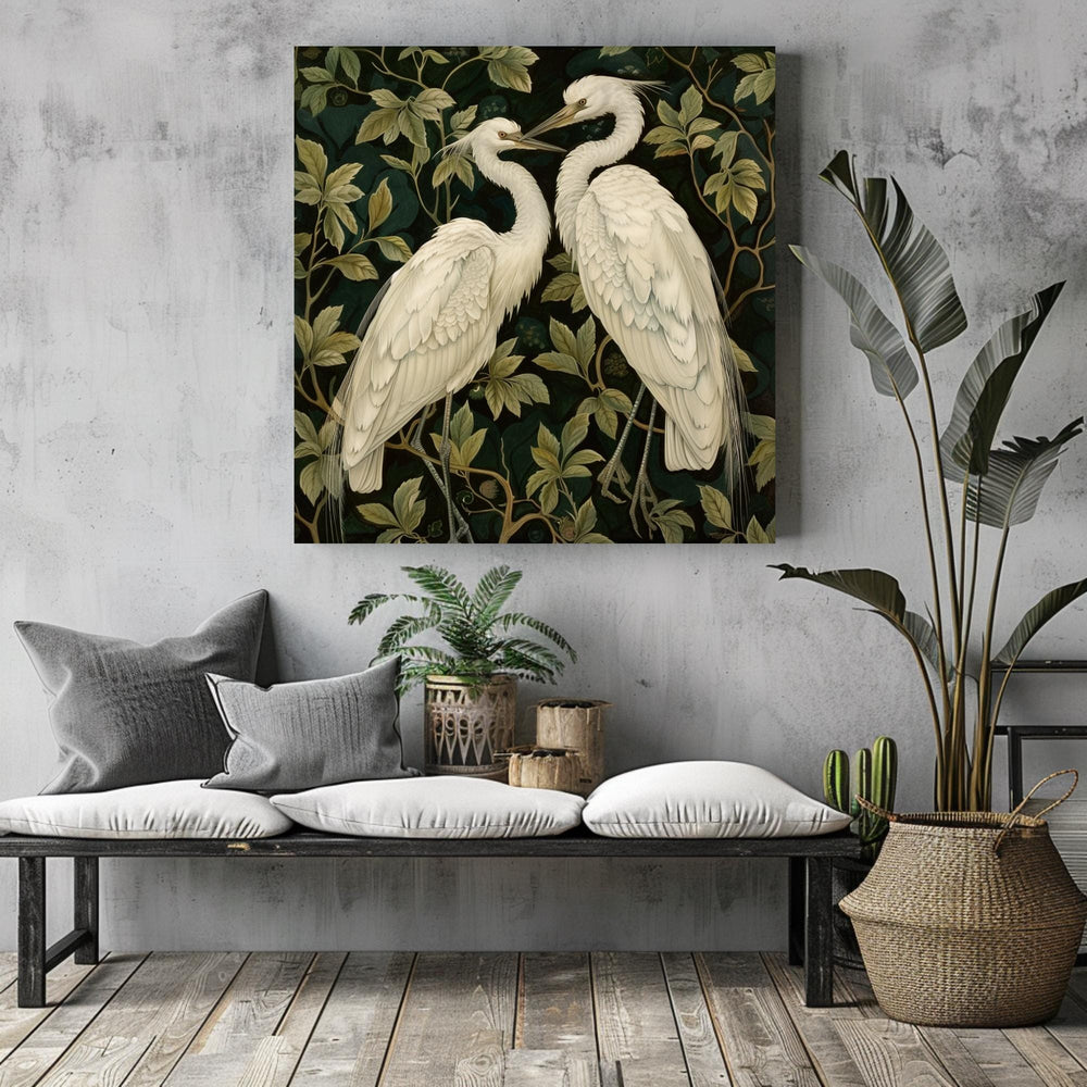 Botanical Egret Canvas Art, William Morris Inspired Wall Decor, Nature Bird Print, Elegant White Bird Artwork, Vintage Nature Wall Art