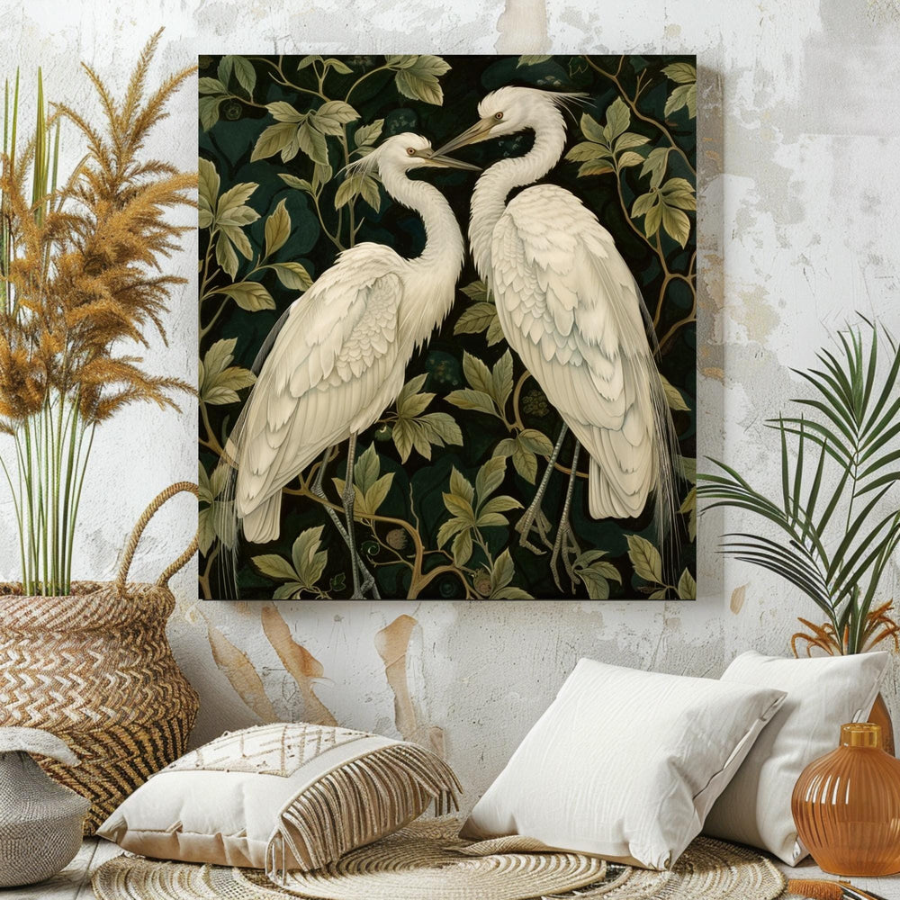 Botanical Egret Canvas Art, William Morris Inspired Wall Decor, Nature Bird Print, Elegant White Bird Artwork, Vintage Nature Wall Art