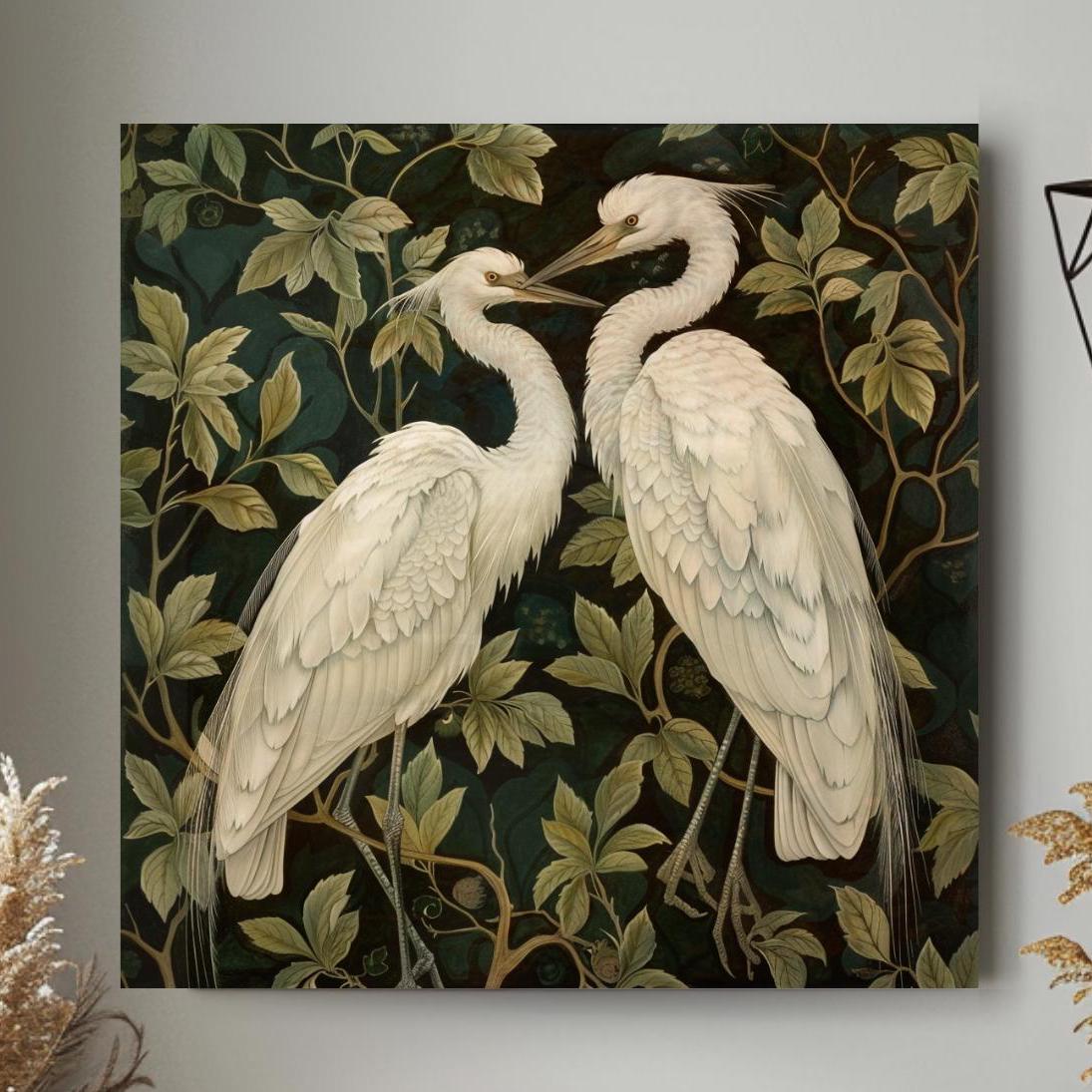 Botanical Egret Canvas Art, William Morris Inspired Wall Decor, Nature Bird Print, Elegant White Bird Artwork, Vintage Nature Wall Art