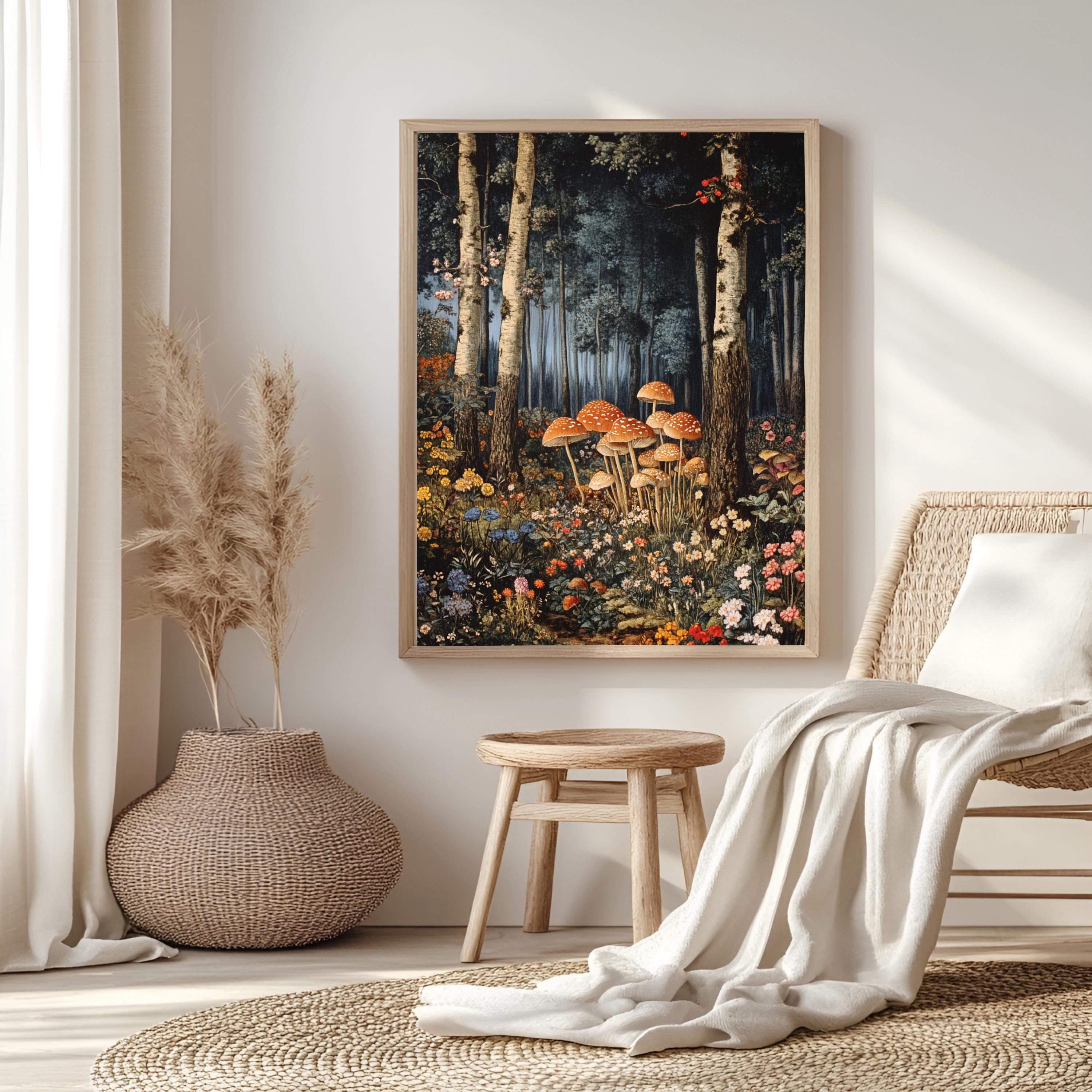 Enchanted Forest Mushroom Framed Canvas, Mystical Woodland Wall Art, Whimsical Fairy Tale Nature Print, Cottagecore Floral Decor